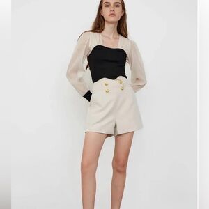 2PC SET: Emmalee Black Puff Sleeve Blouse & Nechama Beige Nautical Shorts